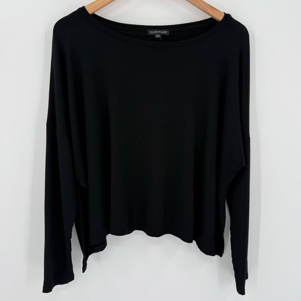 Eileen Fisher High Side Slit Boxy Relaxed Fit Long Sleeve Top‎ Women Large Black
